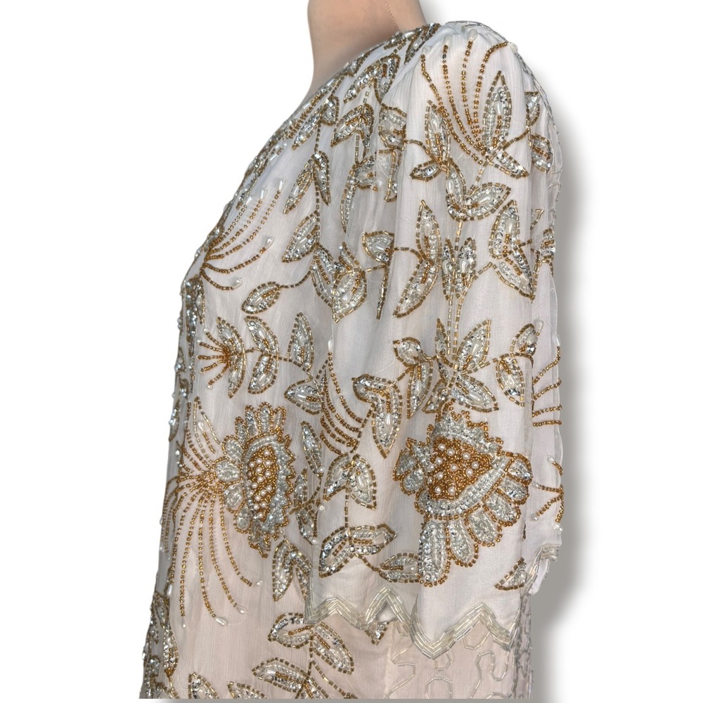 Laurence Kazar Silk Beaded Floral Blouse White Gold Silver 2X Vintage Blouse - Picture 4 of 10